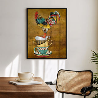 Tea Time Rooster Art Print - Watercolor Music Chicken Bird