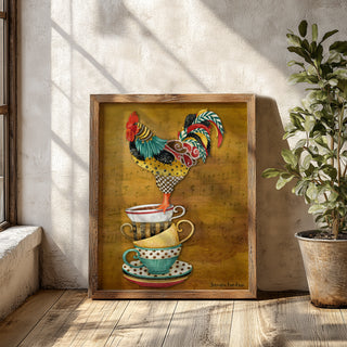 Tea Time Rooster Art Print - Watercolor Music Chicken Bird