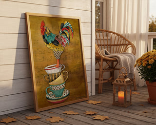 Tea Time Rooster Art Print - Watercolor Music Chicken Bird