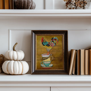 Tea Time Rooster Art Print - Watercolor Music Chicken Bird