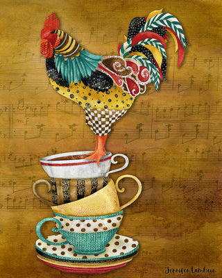 Tea Time Rooster Art Print - Watercolor Music Chicken Bird