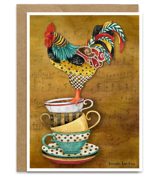 Tea Time Rooster Greeting Card - Music Chicken Bird Art Notecard