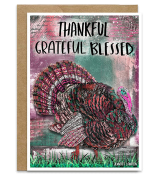 Thankful Turkey Greeting Card - Pink Thanksgiving Blank Art Notecard