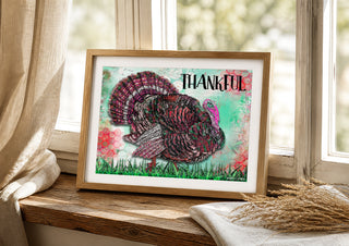 Thankful Turkey Art Print - Pink Thanksgiving Nature Decor