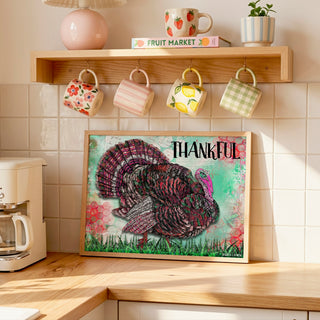 Thankful Turkey Art Print - Pink Thanksgiving Nature Decor