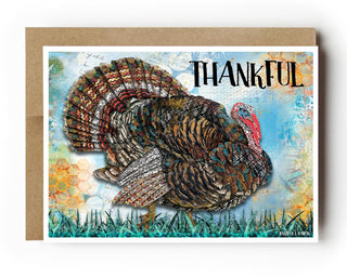 A greeting card with a whimsical turkey that says Thankful. Artwork by Jennifer Lambein. 