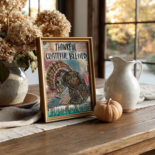 Thankful Turkey Art Print - Grateful Blessed Thanksgiving Quote