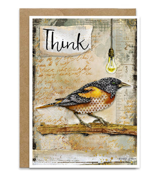 A greeting card with a kraft envelope, featuring a vintage-style illustration of a bird perched on a branch, a hanging light bulb, and the word 'Think' on a torn paper label.
