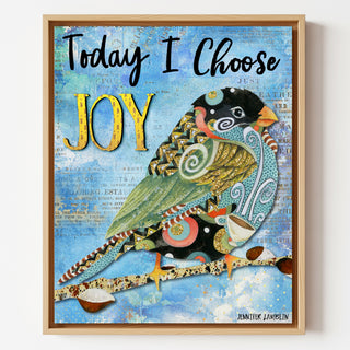 Framed artwork with a colorful bird illustration and text 'Today I Choose Joy' on a blue background.