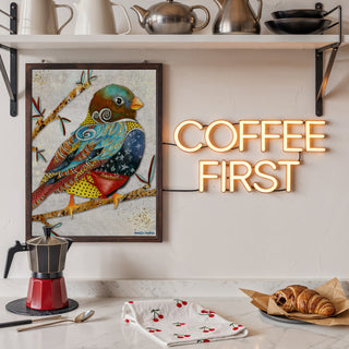 Twilight Coffee Bird Art Print - Whimsical Watercolor Woodland Animal