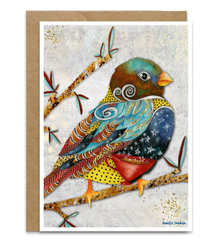 A greeting card with a whimsical colorful bird on a branch, with a coffee or tea cup on it with star steam. Artwork by jennifer Lambein. 