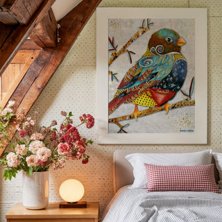 Twilight Coffee Bird Art Print - Whimsical Watercolor Woodland Animal