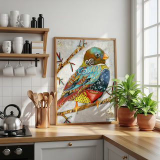 Twilight Coffee Bird Art Print - Whimsical Watercolor Woodland Animal