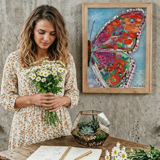 Watermelon Sunrise Butterfly Wing Art Print - Bright Coastal Garden Decor