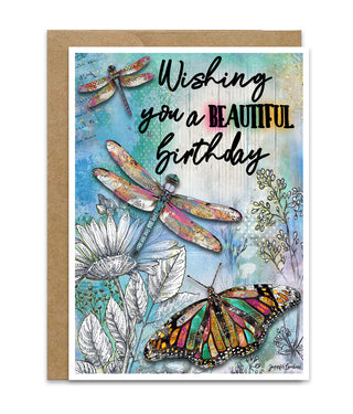 Birthday card with dragonflies, butterflies, and flowers on a blue background