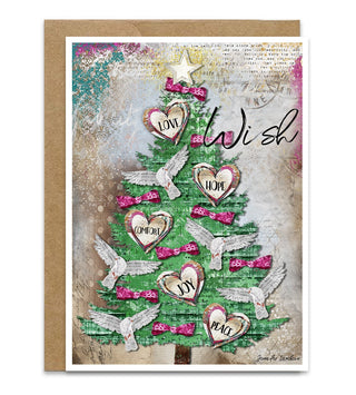 A Christmas card with a tree that has doves and hearts on it, saying peace, love, hope, comfort and joy. Artwork by Jennifer Lambein. 