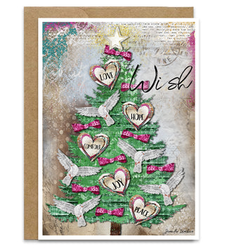 Wish Christmas Tree Greeting Card - Love Hope Comfort Joy Peace Dove
