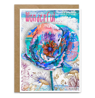 Greeting card with a colorful flower illustration and 'Wonderful' text on a sky background with wildflowers. Inside the card says, es, you are. Artwork by Jennifer Lambein. 