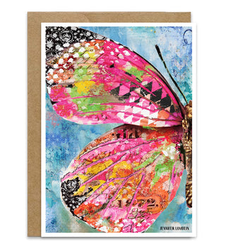 Greeting card with a colorful pink and green butterfly design on a blue sky background. Artwork by Jennifer Lambein. 