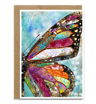 Greeting card with a colorful butterfly wing design on a blue sky background. Artwork by Jennifer Lambein. 