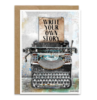 Greeting card with typewriter and 'Write Your Own Story' text on a textured background