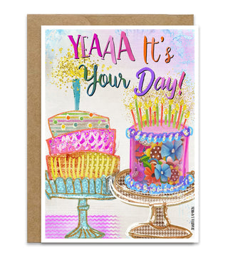 Birthday card with colorful cake illustration and 'YAAYA It's Your Day!' text.