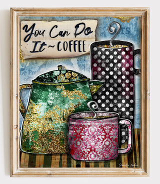 Decorative wall art with coffee-themed design featuring mugs and a teapot.